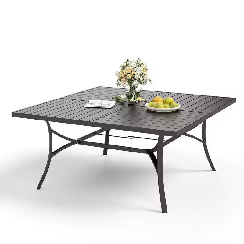 Captiva Designs Set da 9 Pezzi con Ampio Tavolo Quadrato in Metallo con Piano a Doghe e Foro per Ombrellone e Sedie Girevoli in Textilene