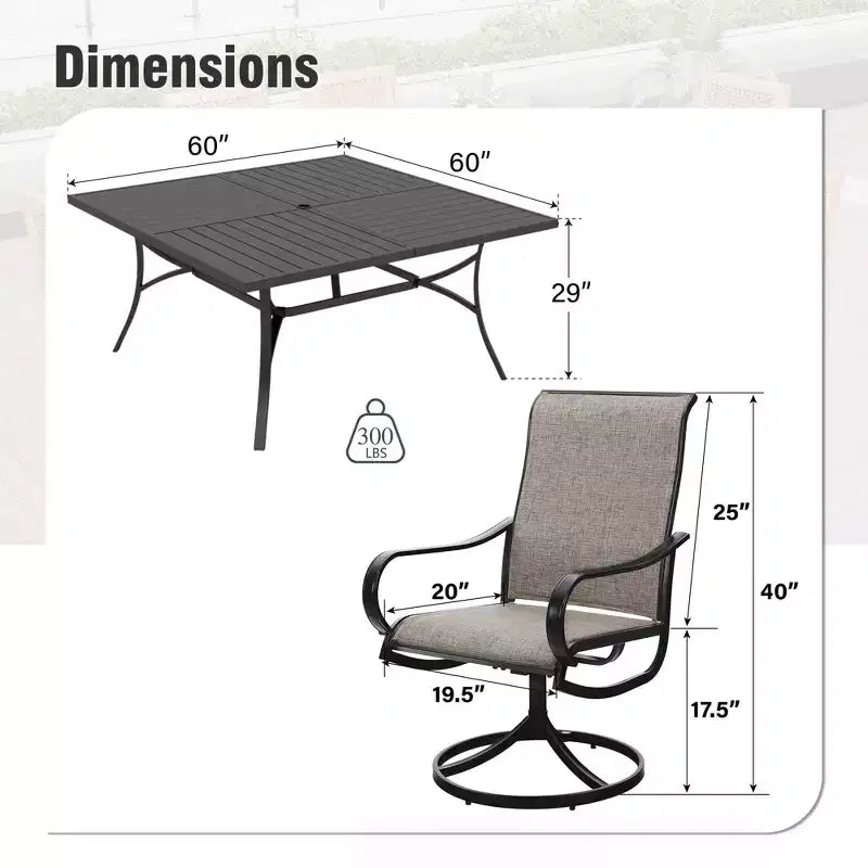 Captiva Designs Set da 9 Pezzi con Ampio Tavolo Quadrato in Metallo con Piano a Doghe e Foro per Ombrellone e Sedie Girevoli in Textilene