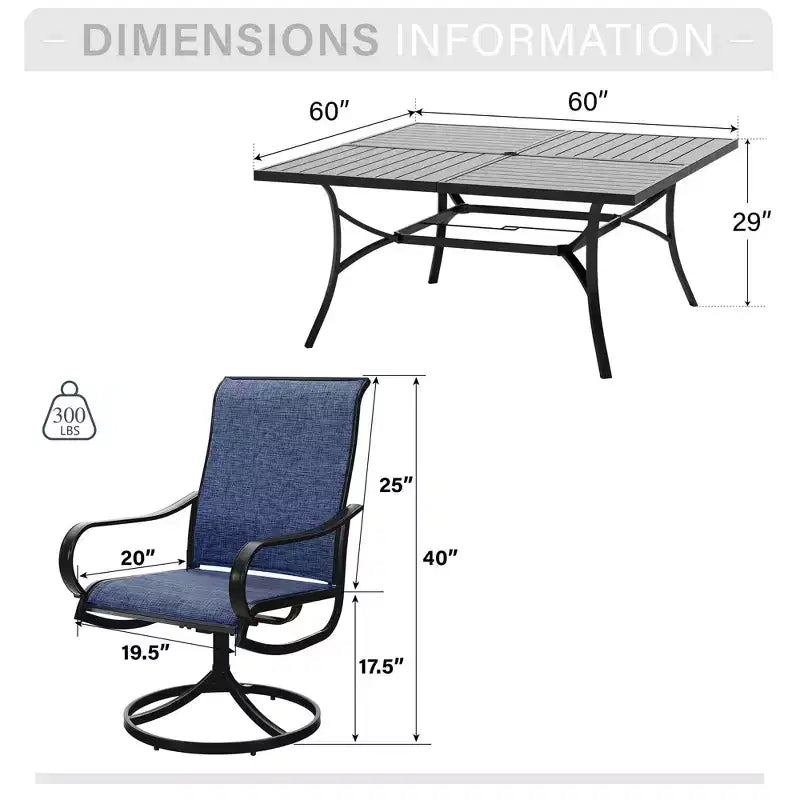 Captiva Designs Set da 9 Pezzi con Ampio Tavolo Quadrato in Metallo con Piano a Doghe e Foro per Ombrellone e Sedie Girevoli in Textilene