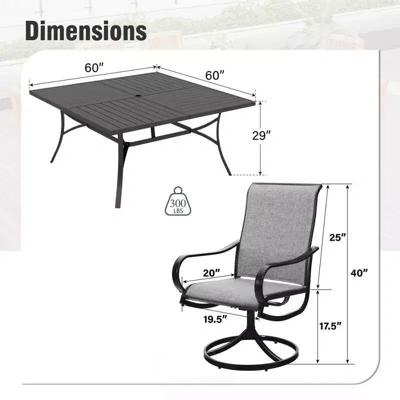 Captiva Designs Set da 9 Pezzi con Ampio Tavolo Quadrato in Metallo con Piano a Doghe e Foro per Ombrellone e Sedie Girevoli in Textilene