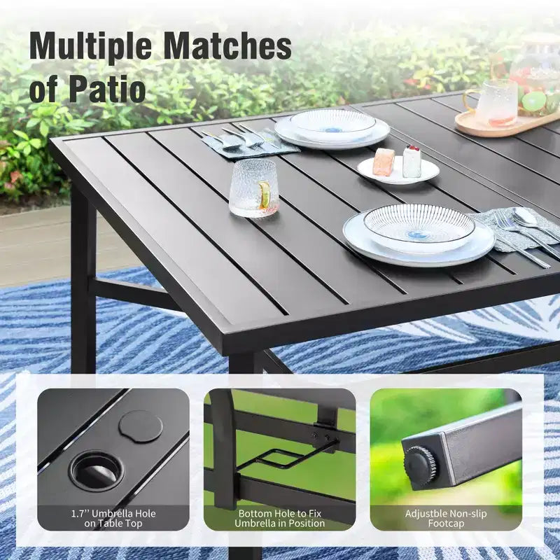 Captiva Designs Tavolo rettangolare spazioso da 9 pezzi con piano a doghe in metallo e foro per ombrellone e sedie fisse in acciaio con braccioli a zucca