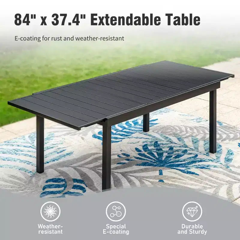 Captiva Designs Tavolo da pranzo rettangolare in acciaio con piano a doghe regolabile e sedie in metallo nere, set da 9 pezzi