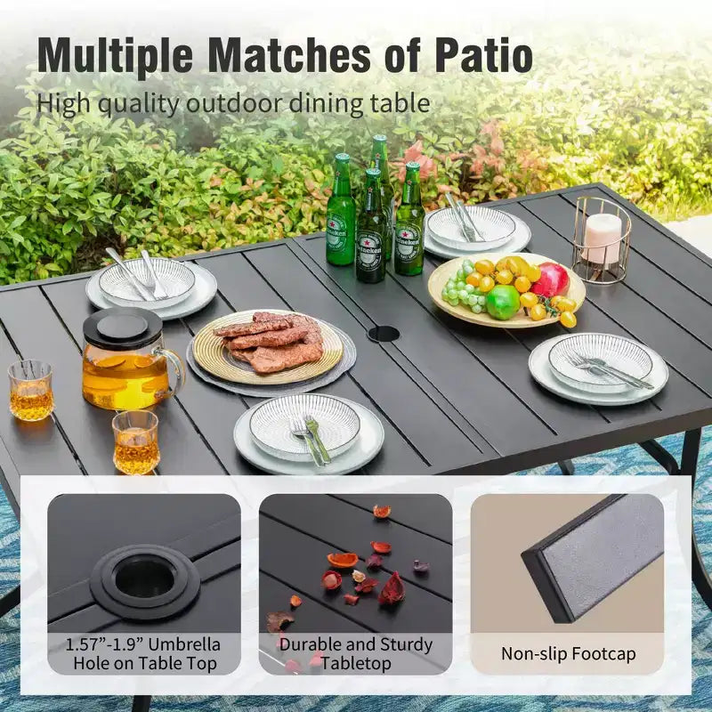 Captiva Desighttps Set pranzo da patio 8 pezzi con tavolo rettangolare in acciaio con piano a doghe e sedie girevoli imbottite in tessuto a fionda e ombrellone a palo centrale
