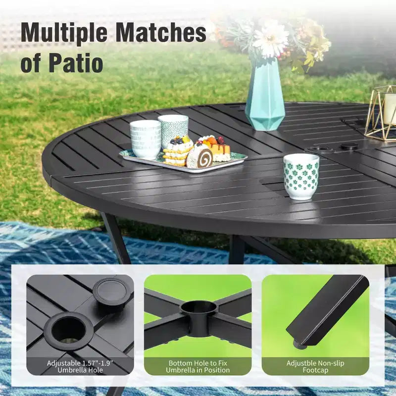 Captiva Designs Set da 7 Pezzi da Pranzo per Patio con Tavolo in Acciaio con Piano a Liste e Sedie in Rattan Beige con Cuscini