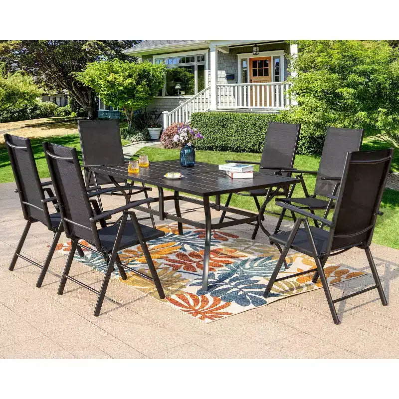 Set da pranzo da esterno Captiva Designs 7 pezzi con tavolo rettangolare a doghe e sedie a sdraio pieghevoli