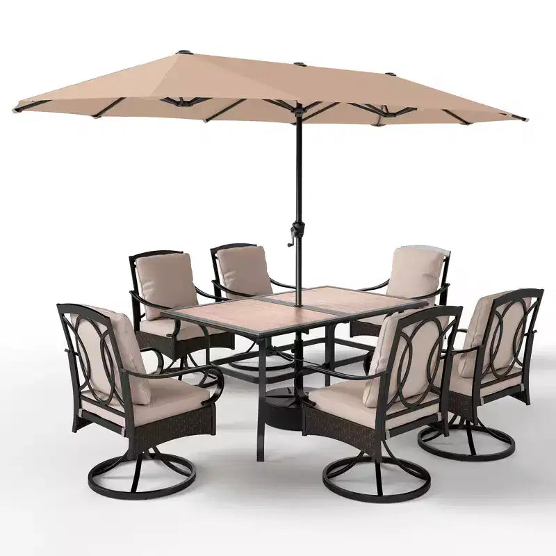 Captiva Designs Set da 8 Pezzi per Esterni: Tavolo da Pranzo Rettangolare in Acciaio, Sedie Girevoli in Rattan e Ombrellone Beige