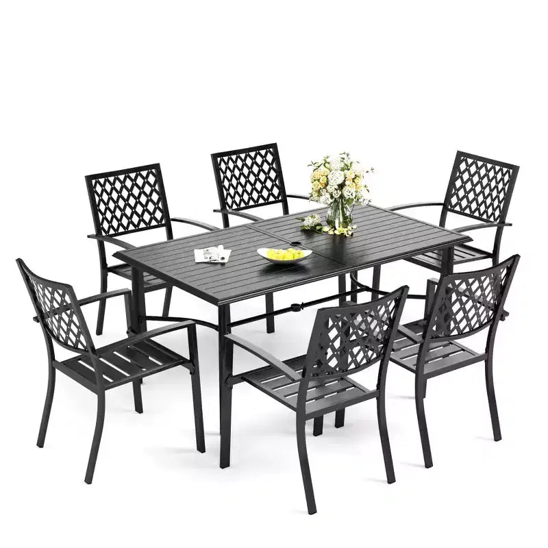 Set da pranzo da esterno Captiva Designs da 7 pezzi con tavolo rettangolare con piano a doghe e sedie impilabili in metallo