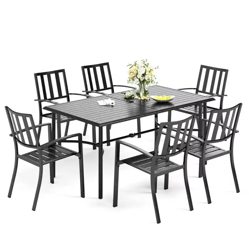 Set da pranzo da esterno Captiva Designs da 7 pezzi con tavolo rettangolare con piano a doghe e sedie impilabili in metallo