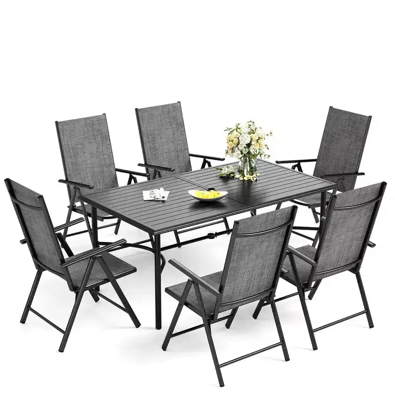 Captiva Designs Set da pranzo da 7 pezzi da esterno con tavolo rettangolare in acciaio e sedie reclinabili pieghevoli in textilene preassemblate