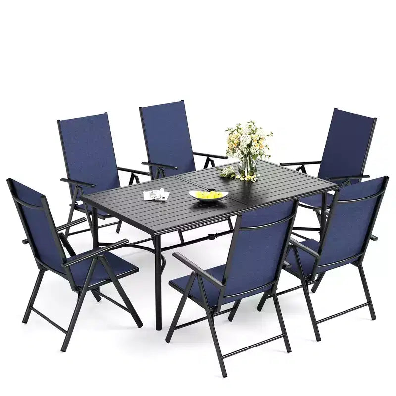 Captiva Designs Set da pranzo da 7 pezzi da esterno con tavolo rettangolare in acciaio e sedie reclinabili pieghevoli in textilene preassemblate