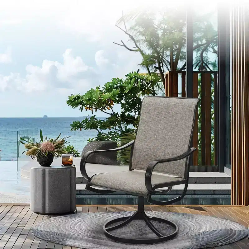 Captiva Designs Set da 7 Pezzi, Tavolo Rotondo in Acciaio a Doghe Nere con Foro per Ombrellone e Sedie Girevoli in Textilene