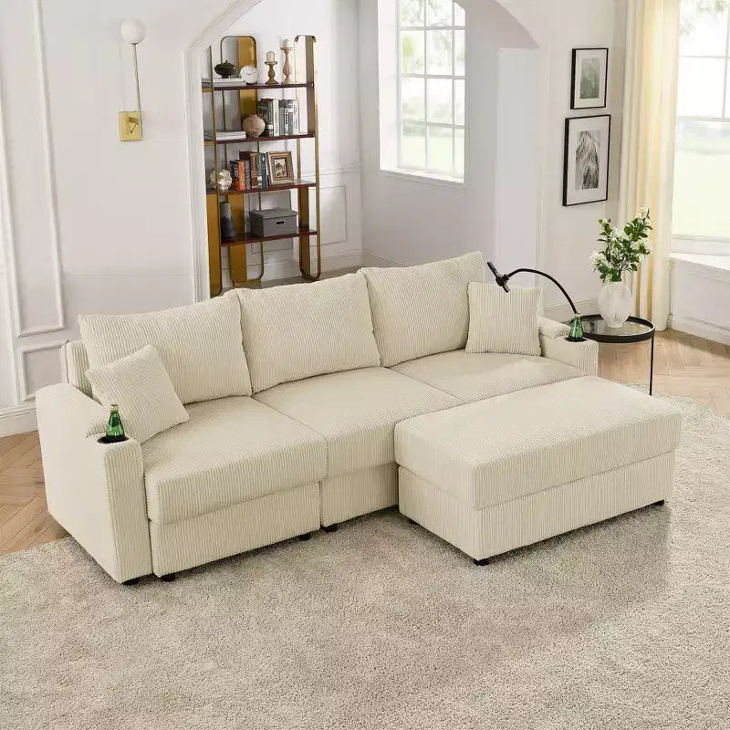 GDFStudio Rod Divano Moderno a 3 Posti in Velluto a Coste da 102 con Portabicchieri, Supporto per Cellulare, Vano Portaoggetti nel Bracciolo e Pouf