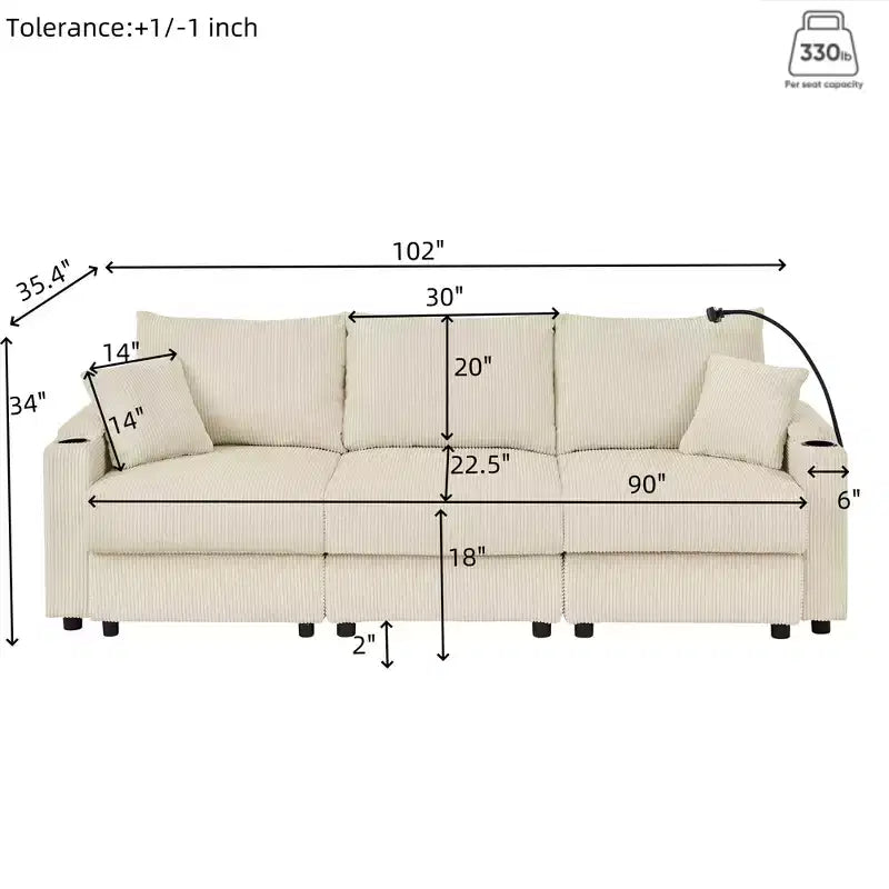 GDFStudio Rod Divano Moderno a 3 Posti in Velluto a Coste da 102 con Portabicchieri, Supporto per Cellulare, Vano Portaoggetti nel Bracciolo e Pouf