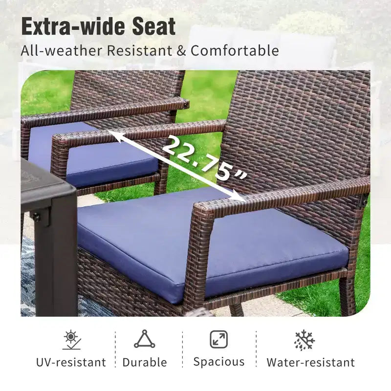 Captiva Designs Tavolo da pranzo in acciaio nero per patio esterno da 7 pezzi con foro per ombrellone e sedie in rattan con braccioli imbottiti