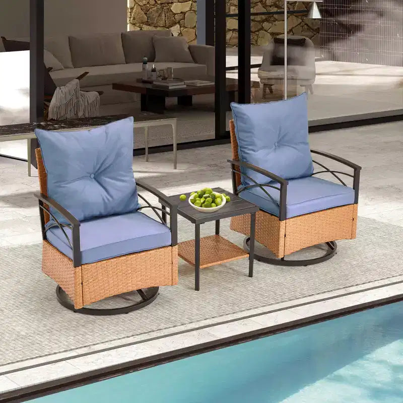 EROMMY Set da 3 Pezzi con Poltrone Girevoli a Dondolo in Rattan per Patio, Sedie Girevoli a Dondolo da Esterno con 1 Tavolino da Caffè in Rattan, Perfetto per Portico, Giardino e Prato