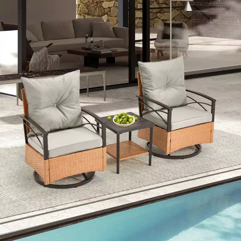 EROMMY Set da 3 Pezzi con Poltrone Girevoli a Dondolo in Rattan per Patio, Sedie Girevoli a Dondolo da Esterno con 1 Tavolino da Caffè in Rattan, Perfetto per Portico, Giardino e Prato