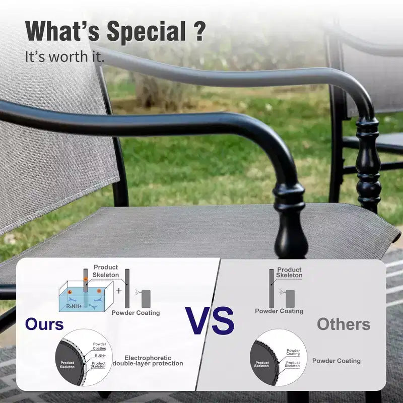 Captiva Designs Set da pranzo da 5 pezzi per patio con tavolo in acciaio con foro per ombrellone e sedie con braccioli in textilene grigio