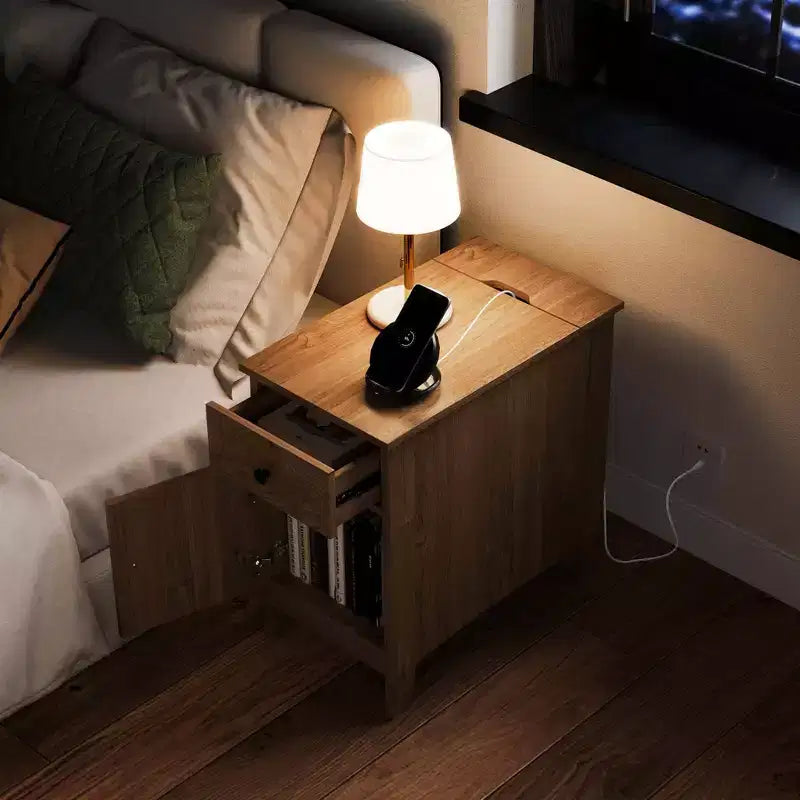 Costway 1/2 Pezzi Tavolino da Divano con Stazione di Ricarica, Tavolino da Notte con Ribalta con Porte USB e Prese Marrone