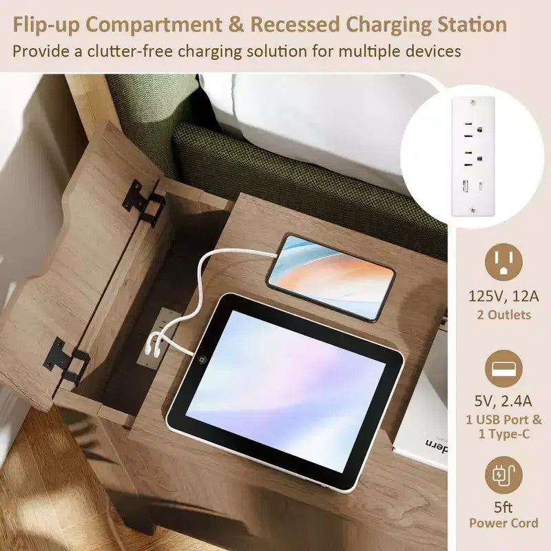 Costway 1/2 Pezzi Tavolino da Divano con Stazione di Ricarica, Tavolino da Notte con Ribalta con Porte USB e Prese Marrone