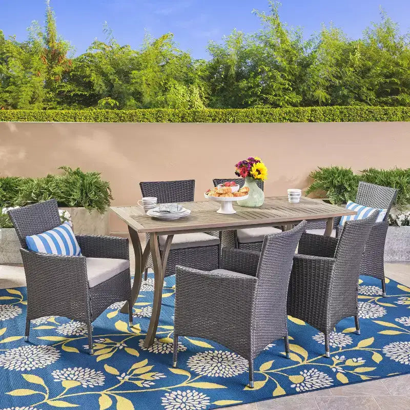 Christopher Knight Home Zain Outdoor Acacia Wood and Wicker 7 Piece Dining Set with Cushion