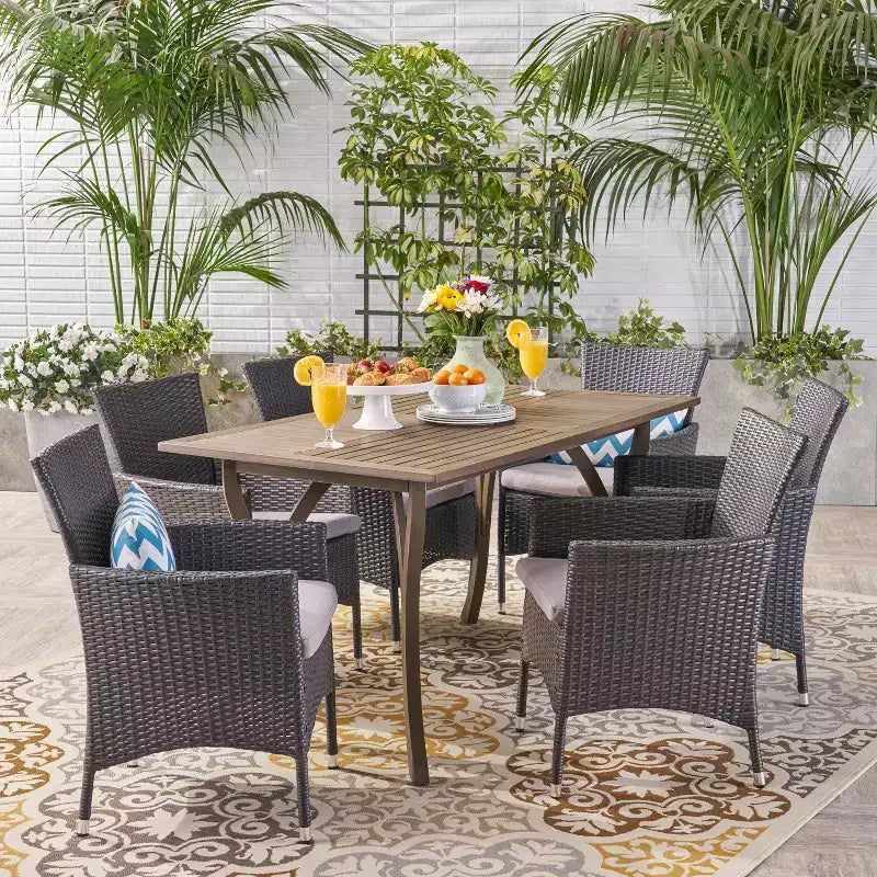 Christopher Knight Home Zain Outdoor Acacia Wood and Wicker 7 Piece Dining Set with Cushion