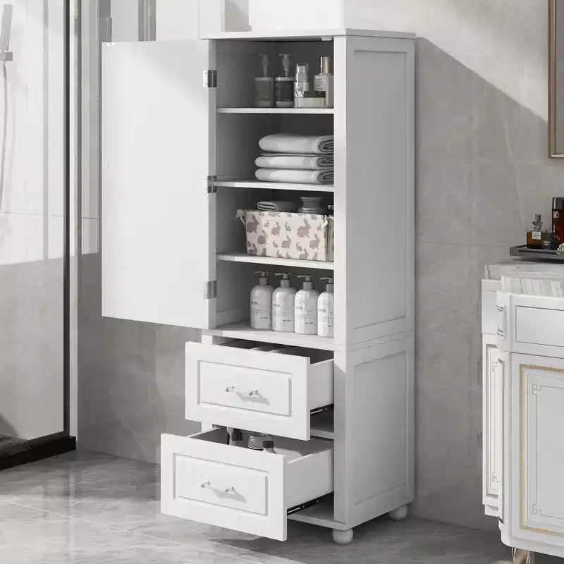 Whisen Mobile da Bagno Alto, Armadietto Autoportante con Due Cassetti e Ripiano Regolabile