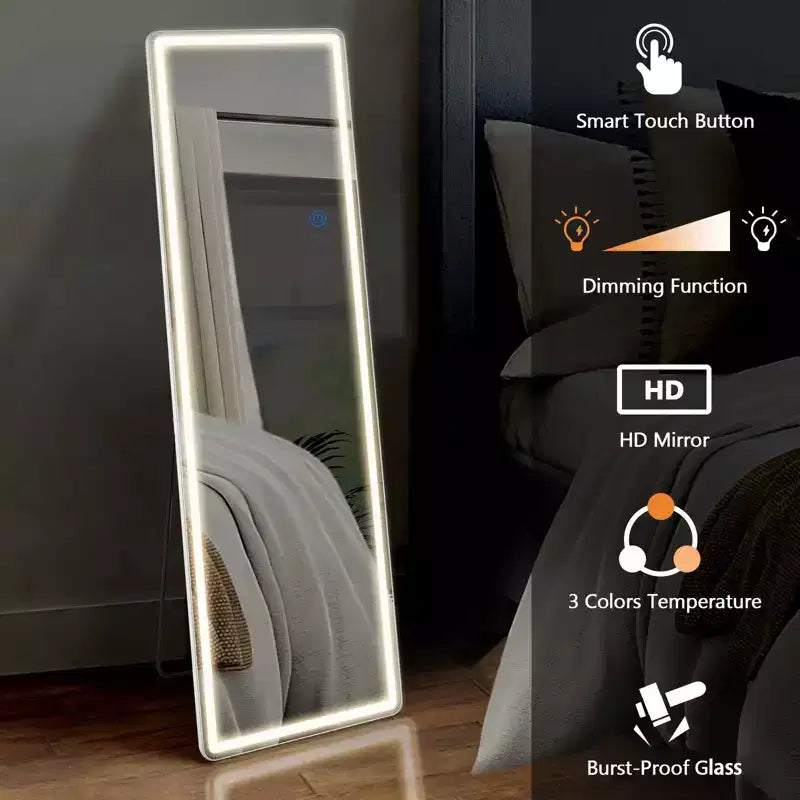 Specchio Illuminato a Piantana con Luce LED a 3 Colori, Staffa Inclusa
