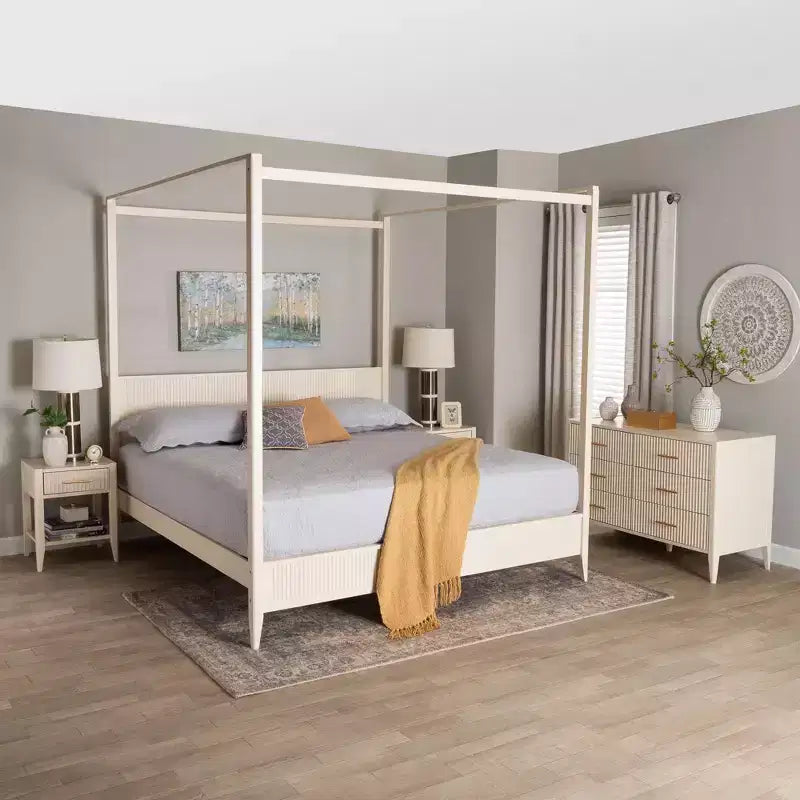 Baxton Studio Primrose Mid-Century Ivory Fluted Wood 4-Piece Canopy Bedroom Set