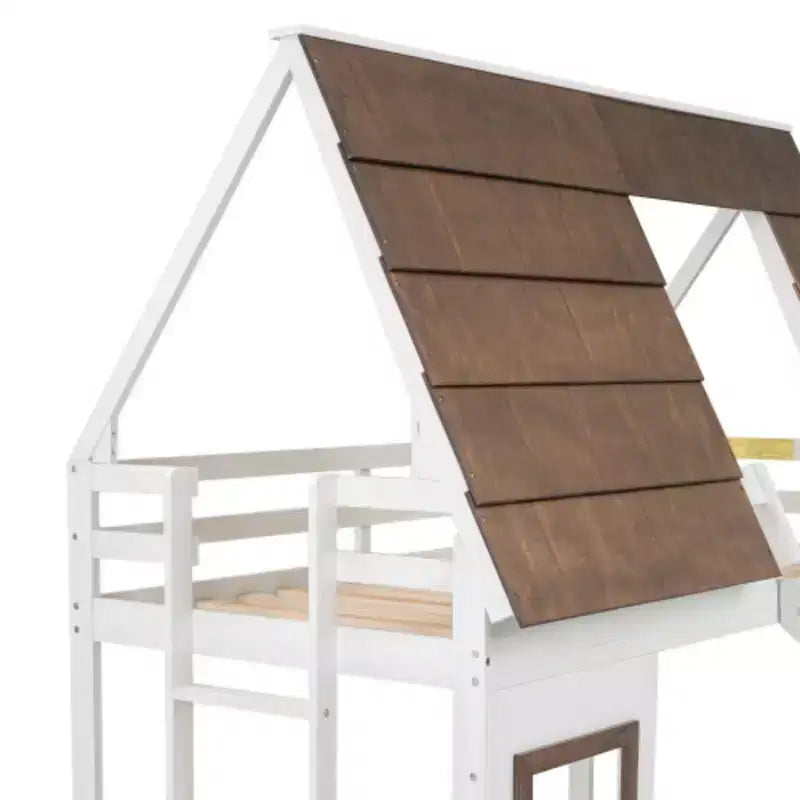 Letto a castello a casetta in legno a una piazza e mezza con tetto, scala e scivolo, bianco+marrone