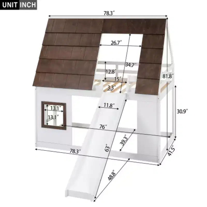 Letto a castello a casetta in legno a una piazza e mezza con tetto, scala e scivolo, bianco+marrone