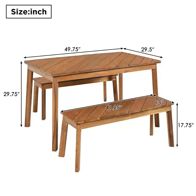 Set da pranzo Whisen in legno per esterni con 2 panche, tavolo da picnic in legno di acacia per patio, portico, giardino - Naturale