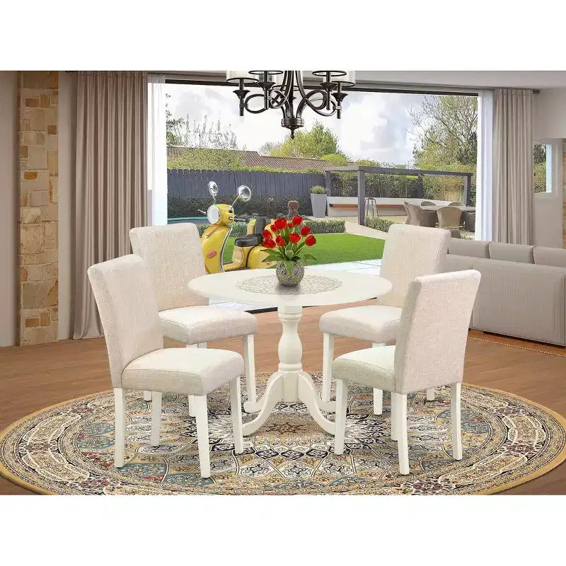 HomeStock Set Tavolo da Pranzo Rotondo 5 Pezzi con Sedie Parsons in Tessuto di Lino
