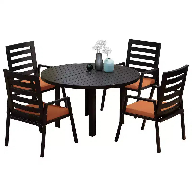 LeisureMod Chelsea Set da Pranzo da Giardino 5 Pezzi, Tavolo da Pranzo Rotondo in Alluminio da 48 pollici e 4 Sedie da Pranzo con Braccioli