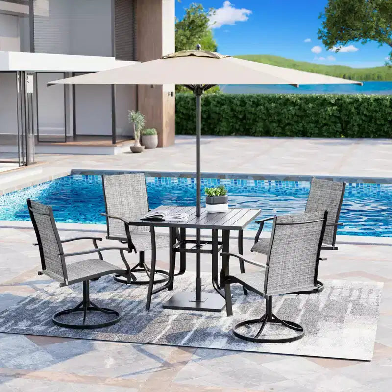 EROMMY Set da Pranzo da Esterno a 5 Pezzi, Tavolo e Sedie da Esterno per 4 Persone, 4 Sedie Girevoli, 1 Tavolo Quadrato in Ferro, Set di Mobili da Giardino per Terrazzo