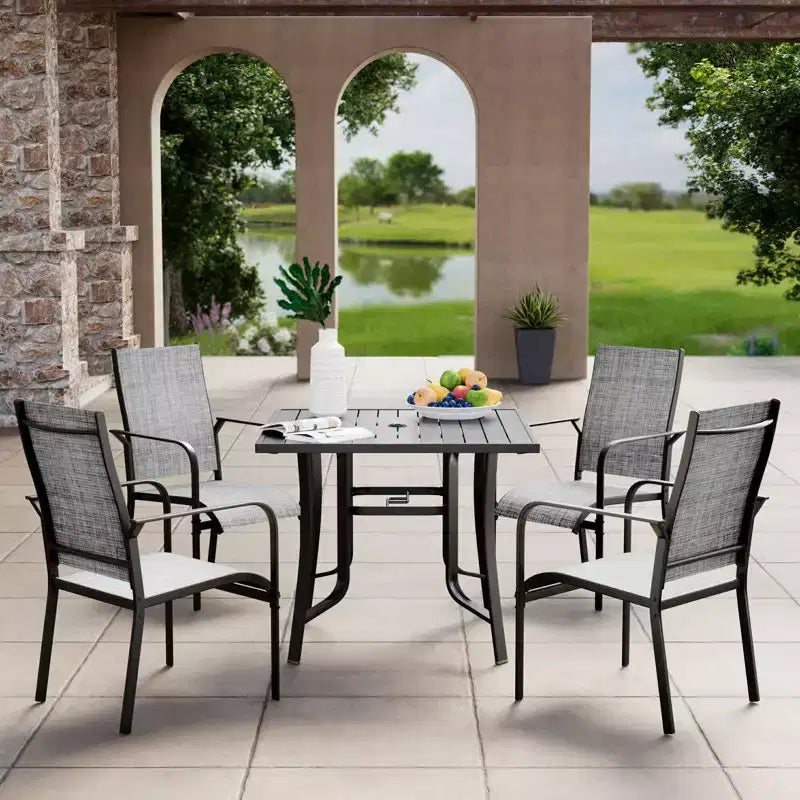 EROMMY Set da Pranzo da Giardino 5 Pezzi, Tavolo da Esterno e Sedie per 4 Persone, 4 Sedie in Textilene, 1 Tavolo Quadrato in Ferro, Set di Mobili per Esterni per Terrazzo