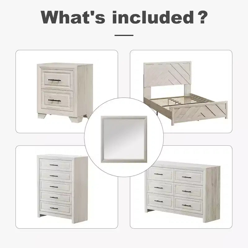 Set Mobili Camera da Letto 5 Pezzi Antico Naturale Queen Size in Legno - Letto, 2 Comò, Specchio e Comodino