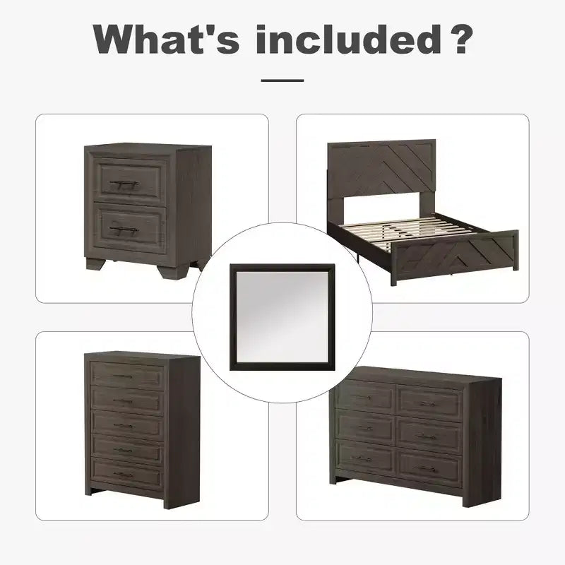 Set Mobili Camera da Letto 5 Pezzi Antico Naturale Queen Size in Legno - Letto, 2 Comò, Specchio e Comodino
