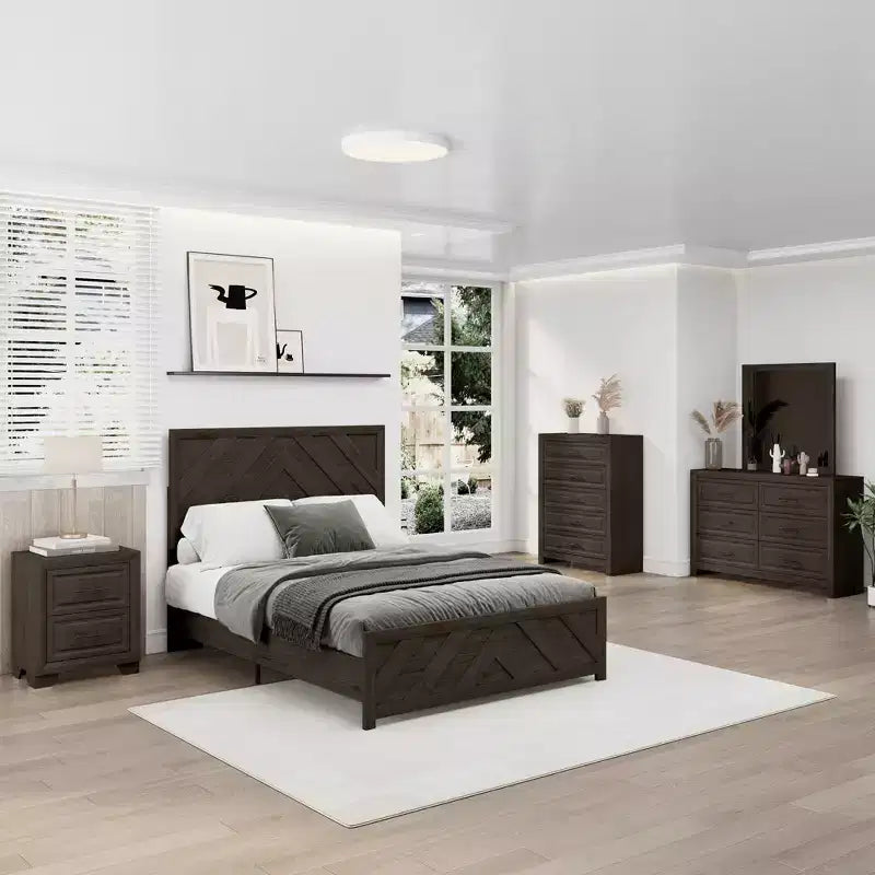 Set Mobili Camera da Letto 5 Pezzi Antico Naturale Queen Size in Legno - Letto, 2 Comò, Specchio e Comodino