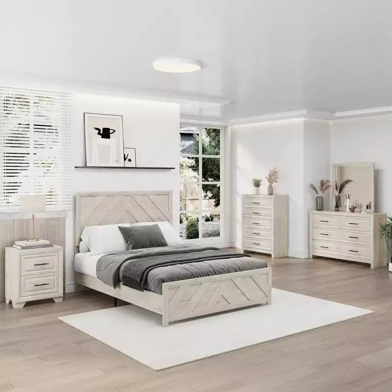 Furniture Bedroom Set 5-Piece Antique Natural Queen Size Wood Bedroom Set - Bed, 2 Chest, Mirror and Nightstand