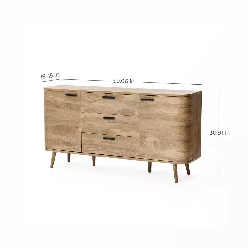 Mobile credenza LuxenHome con ante e cassetti, cassettiera accentata in legno multistrato di rovere naturale larga 59'' con 2 ante e 3 cassetti