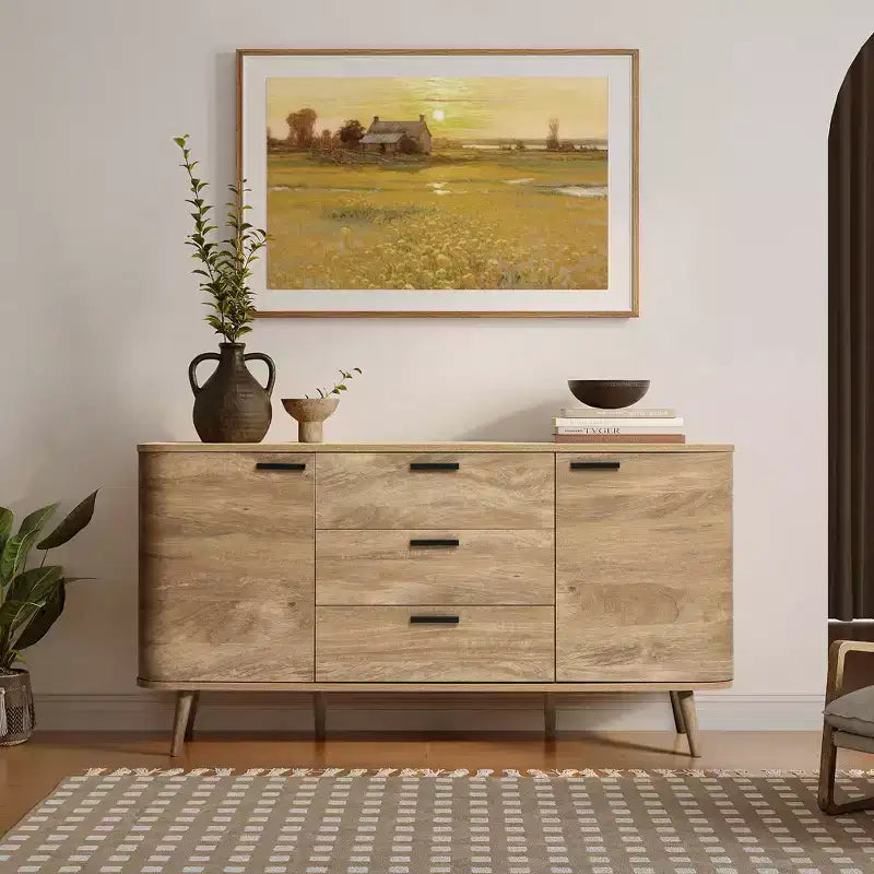 Mobile credenza LuxenHome con ante e cassetti, cassettiera accentata in legno multistrato di rovere naturale larga 59'' con 2 ante e 3 cassetti
