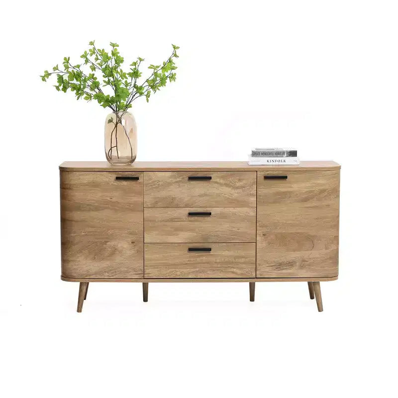 Mobile credenza LuxenHome con ante e cassetti, cassettiera accentata in legno multistrato di rovere naturale larga 59'' con 2 ante e 3 cassetti