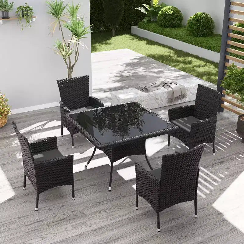 ALAULM Set di Mobili da Giardino per Esterni, Set Tavolo e Sedie da Pranzo in Rattan Intrecciato per Patio, Tavolo Quadrato con Piano in Vetro Temperato e Set Ombrellone