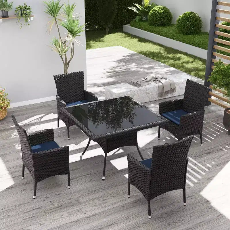 ALAULM Set di Mobili da Giardino per Esterni, Set Tavolo e Sedie da Pranzo in Rattan Intrecciato per Patio, Tavolo Quadrato con Piano in Vetro Temperato e Set Ombrellone