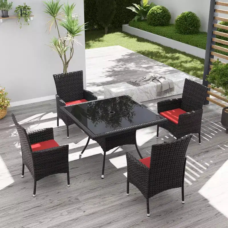 ALAULM Set di Mobili da Giardino per Esterni, Set Tavolo e Sedie da Pranzo in Rattan Intrecciato per Patio, Tavolo Quadrato con Piano in Vetro Temperato e Set Ombrellone