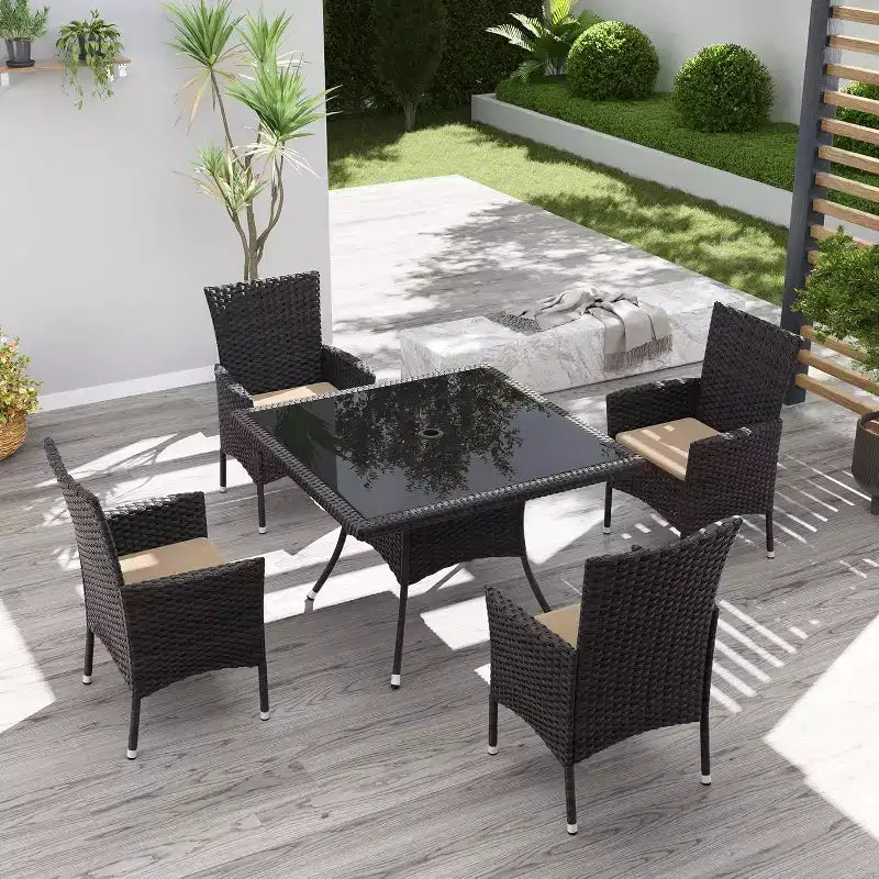 ALAULM Set di Mobili da Giardino per Esterni, Set Tavolo e Sedie da Pranzo in Rattan Intrecciato per Patio, Tavolo Quadrato con Piano in Vetro Temperato e Set Ombrellone