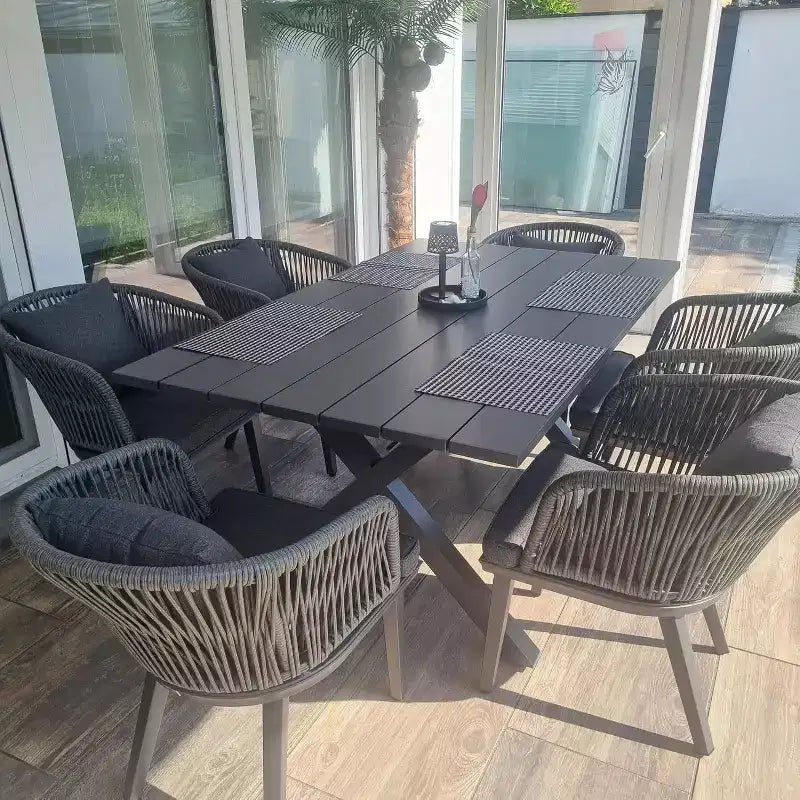 PURPLE LEAF Set da Pranzo per Esterni con Tavolo in Alluminio e Sedie in Corda Intrecciata con Cuscini Inclusi per Arredo Giardino Cucina