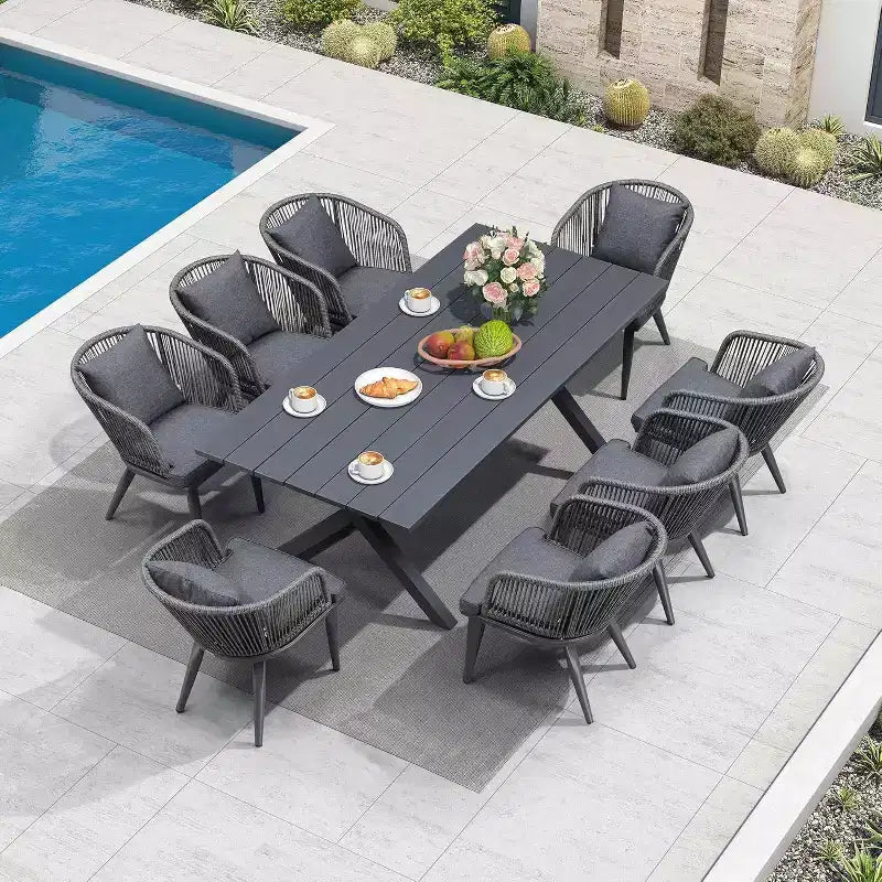 PURPLE LEAF Set da Pranzo per Esterni con Tavolo in Alluminio e Sedie in Corda Intrecciata con Cuscini Inclusi per Arredo Giardino Cucina