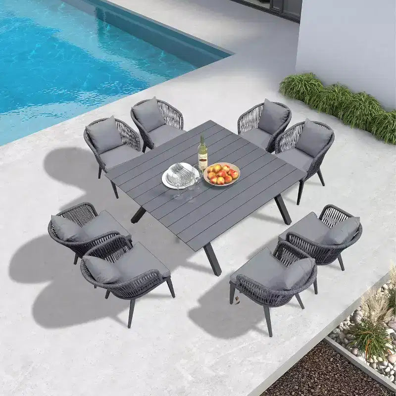 PURPLE LEAF Set da Pranzo per Esterni con Tavolo in Alluminio e Sedie in Corda Intrecciata con Cuscini Inclusi per Arredo Giardino Cucina