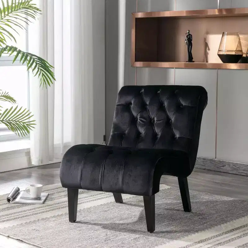 Poltrona moderna senza braccioli in velluto per soggiorno/poltrona per il tempo libero, sedia imbottita in tessuto con bottoni, comoda, con gambe in legno per camera da letto